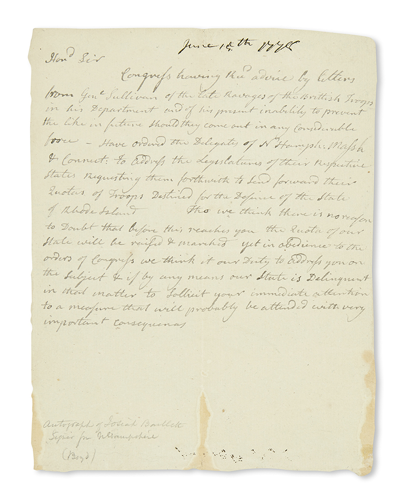 (AMERICAN REVOLUTION--1778.) [Bartlett, Josiah.] Request for New Hampshire troops to aid Rhode Island.